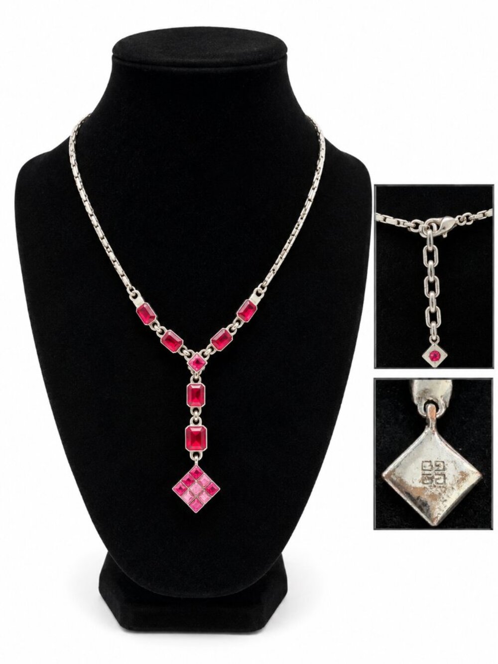 Vintage Givenchy 4G Ruby Red Rhinestone Y Drop Necklace